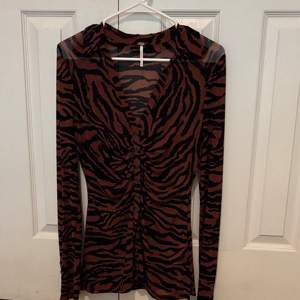 Free People Animal Print Long Sleeve Top